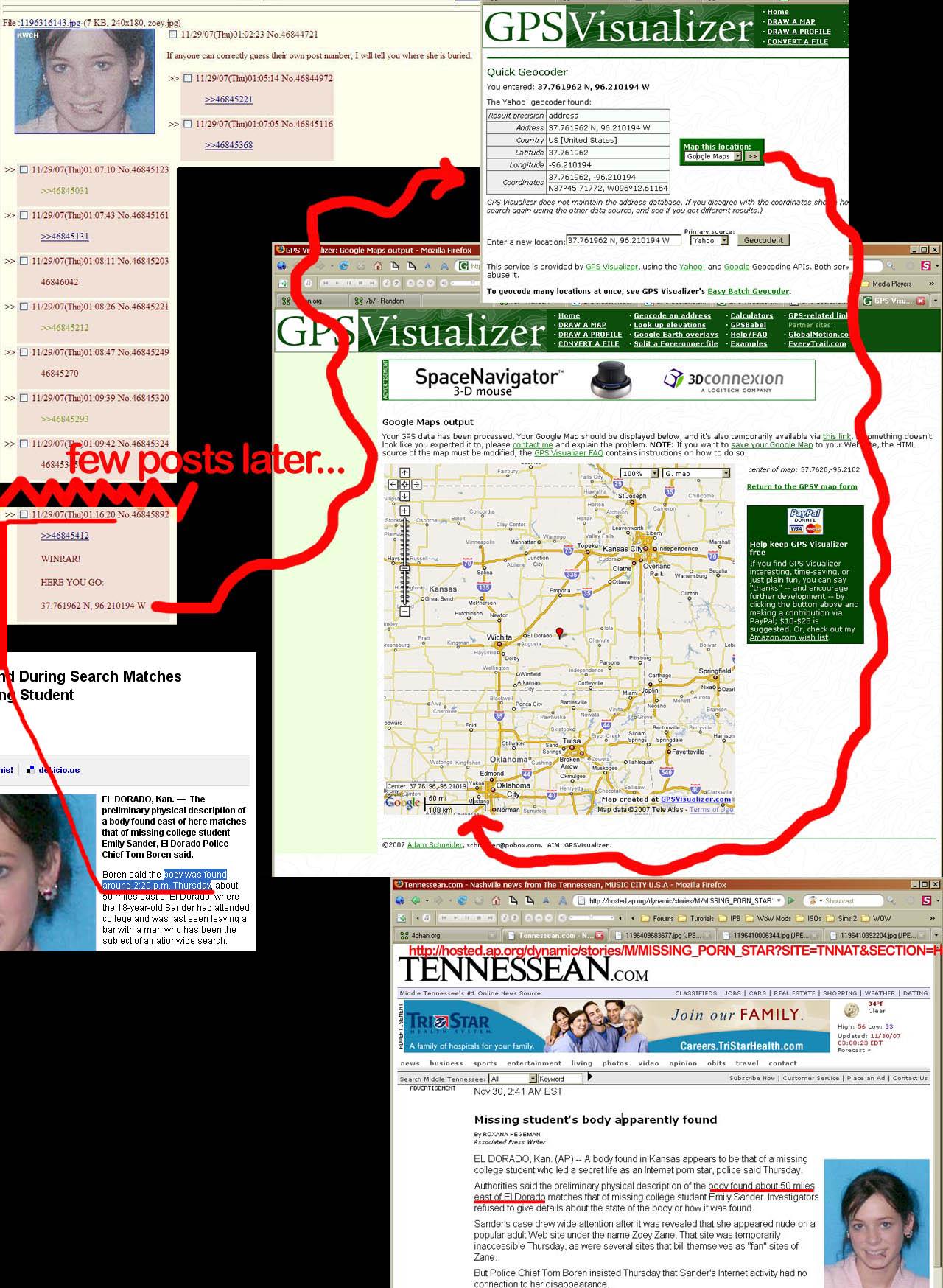 r/interestingasfuck - In 2007, a 4chan user revealed the coordinates of Emily Sander's body after someone successfully guessed their own post number.