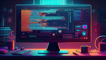 An AI-generated image of a computer monitor showing distorted code on the screen.