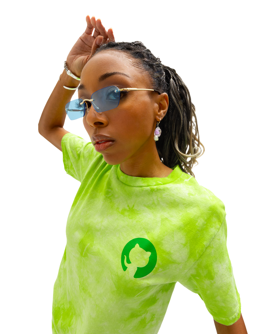 Photo of model wearing the Invertocat tie dye tee