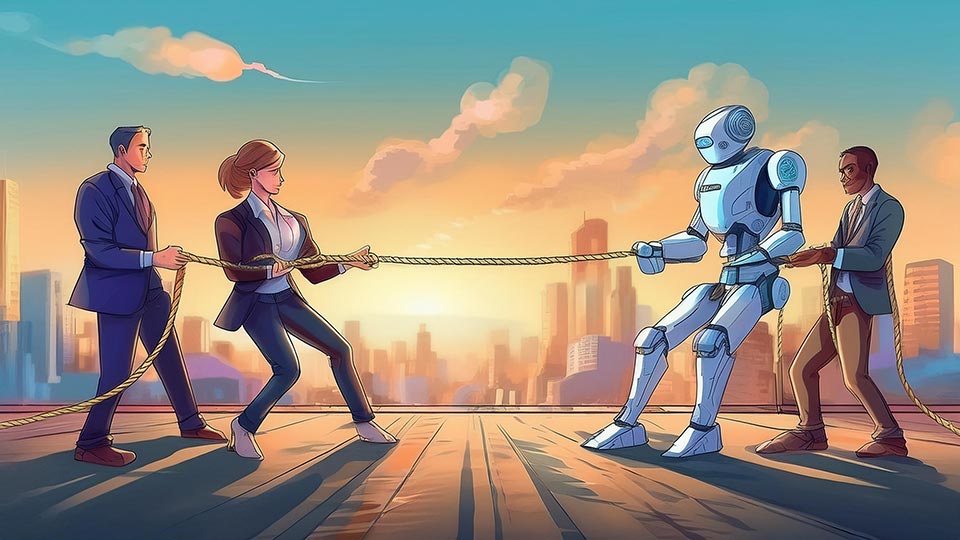 An AI-generated image of humans playing tug-of-war with a robot.